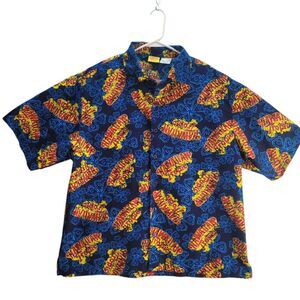 Hawaiian Tropic Blue Logo Short Sleeve Button Down Shirt Polyester Men's Size XL